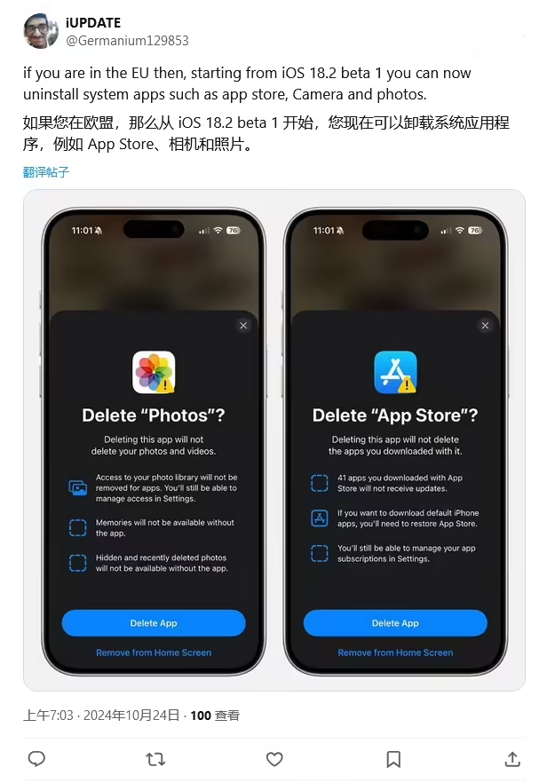 托克逊苹果手机维修分享iOS 18.2 支持删除 App Store 应用商店 