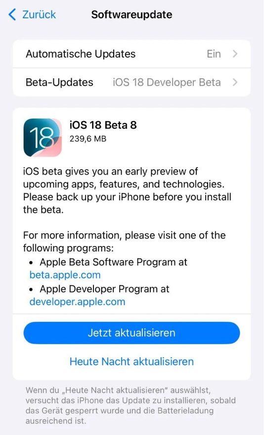 托克逊苹果手机维修分享苹果 iOS / iPadOS 18 开发者预览版 Beta 8 发布 